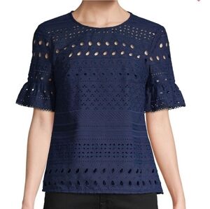 TRINA TURK Indigo Darling Eyelet Ruffle Sleeve Top